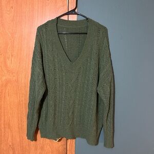 Olive Green Cable Knit V-Neck Sweater